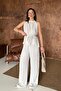 Women's Stone Beading Detailed Blouse and Trousers Linen Textured Top and Bottom Set - 2