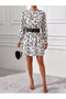 Women's Patterned Belt Detailed Short Chiffon Dress