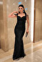 Full Beaded Fabric Shoulder Detail Evening Dress - Black - 2