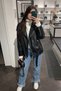 Black Belted Oversize Leather Jacket - 5