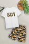 Round Neck T-Shirt with Oversized Print Detail and Camouflage Pattern Capri Summer Boys' Top and Bottom Set