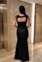 Full Beaded Fabric Shoulder Detail Evening Dress - Black - 5