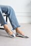 Sawra Women's Flat Shoes with Front Strap and Buckle in Silver Leather