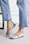 Sawra Women's Flat Shoes with Front Strap and Buckle in Silver Leather - 2