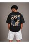 Floral Black Cat Printed Oversize Unisex T-Shirt Vintage Streetwear Comfortable Fit