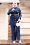 Buttoned Stone Detailed Belted Jeans Suit Dark Blue 19485