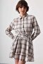 Women's Plaid Patterned Button-Up Mini Shirt Dress with Elastic Waistband Detail Stone