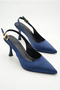 Women's Navy Blue Satin Design Elastic Band Pointed Toe Thin Casual Heeled Shoes with Stylish Accessories - 3