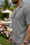 Men's Summer Buttoned Short-Sleeved Shirt and Lace-Up Trousers Set Double Pocket Crinkle Fabric - 6