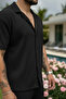 Men's Summer Buttoned Short-Sleeved Shirt and Lace-Up Trousers Set Double Pocket Crinkle Fabric - 5