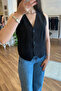 Black Buttoned Linen Vest - 4