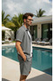 Men's Summer Buttoned Short Sleeve Shirt and Lace-Up Shorts Set Double Pocket Crinkle Fabric - 2