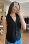 Black Buttoned Linen Vest - 6