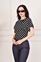 Polka Dot Patterned Draped Short Sleeve Black Blouse - 2