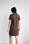 Crep Women's Crew Neck Short Sleeve Mini Dress – Embroidered Diver Fabric Basic Dress Brown - 3