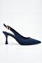 Women's Navy Blue Satin Design Elastic Band Pointed Toe Thin Casual Heeled Shoes with Stylish Accessories