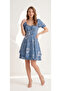 Women's Blue Floral Patterned Square Neck Watermelon Sleeve Mini Dress - 4