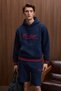 Phantoseas Men's Hooded Navy Blue Sweatshirt with Embroidered Front and Knitwear Detail on Skirt and Sleeves - 2