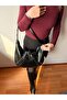 Women's Black Leather Look Large Hobo Shoulder Bag with Staple Detail - 4