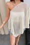 Women's Beige Boat Neck Madonna Collar Poncho Look Stylish Oversize Summer Seasonal Mesh Blouse - 7
