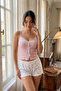 Pink Lace Detailed Ribbon Strap Shorts Pajama Set - 2
