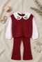 Girl's Cherry Embroidered Baby Collar Knit Sweater and Spanish Flared Pants Set - 3