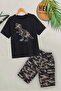 Round Neck T-Shirt Dinosaur Print Detailed Camouflage Pattern Capri Summer Boys' Top and Bottom Set