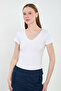 Women's front back v-neck short sleeve bodysuit - white - 3