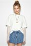 Women's White Crew Neck Lace Sleeve Oversize Cotton T-Shirt 1049 60286075