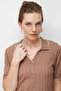 Women's Polo Neck Openwork Thin Knitwear Blouse 26355 Mokka - 3