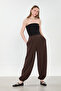 Women's elasticated waist wide leg pants - dark brown