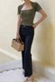 Women's Khaki Summer Crop Swan Collar Modern Basic T-Shirt - 5