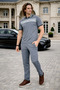 Smoked Polo Collar T-Shirt and Trousers Double Set with Zipper Pockets Merselize Fabric