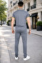 Smoked Polo Collar T-Shirt and Trousers Double Set with Zipper Pockets Merselize Fabric - 2