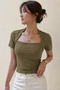 Women's Khaki Swan Collar Modern Basic Crop T-Shirt – Comfortable Fit Stylish Casual Blouse