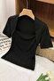 Women's Black Swan Collar Slim Short Sleeve Fit Crop Blouse - 5