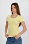 Women's Stretchy Ribbed Collar with Snap Buttons Yellow Short Sleeve Basic Knitted Blouse - H5993 - 4