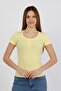 Women's Stretchy Ribbed Collar with Snap Buttons Yellow Short Sleeve Basic Knitted Blouse - H5993 - 3