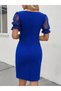 Women's V-Neck Crepe Dress with Lace Detail on Sleeve - 3