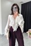 Women's White V-Neck Ruffle Detailed Shirt - 2