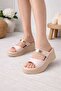 Melinta Gold Belted Beige Wedge Heel Slippers