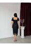 Black Square Neck Balloon Sleeve Sequin Embroidered Midi Evening Dress - 7