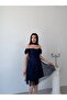 Navy Blue Shoulder Scarf Detailed Lace Fabric Short Evening Dress - 3