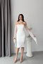 White Stone Embellished Lace Midi Evening Dress with Scarf and Gloves