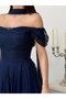 Navy Blue Shoulder Scarf Detailed Lace Fabric Short Evening Dress - 6