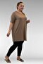 68501 Large Size Combed Cotton T-Shirt with Ribbed Collar and Stones on the Front - Mink - 4