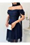 Navy Blue Shoulder Scarf Detailed Lace Fabric Short Evening Dress - 4