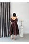 Brown Strappy Low Sleeve Organza Midi Dress with Belt Detail - 6