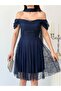Navy Blue Shoulder Scarf Detailed Lace Fabric Short Evening Dress - 5