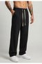 Men's Baggy Fit Elastic Waist 100% Cotton Linen Look Trousers Black 1007Dngr - 2